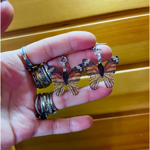 Dangly black and orange Monarch butterfly stainless steel post boho earrings - Picture 7 of 11